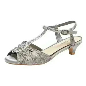 Lady Couture Betty 1 3/4" Heel Dressy Kitten Sandal Silver Pewter 9.5 (40)Wide